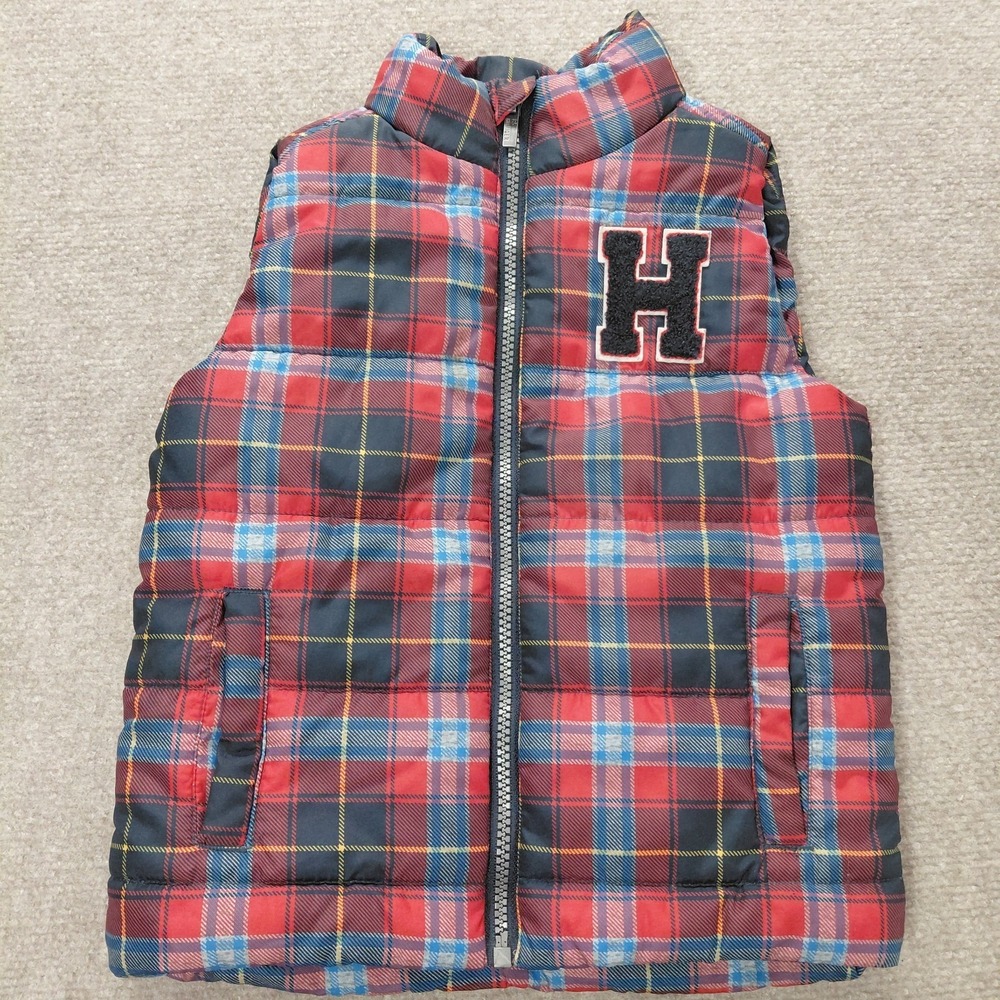 Tommy Hilfiger Puffer Vest Patch Logo Red Blue Plaid Toddler 3T Full Zip Pockets